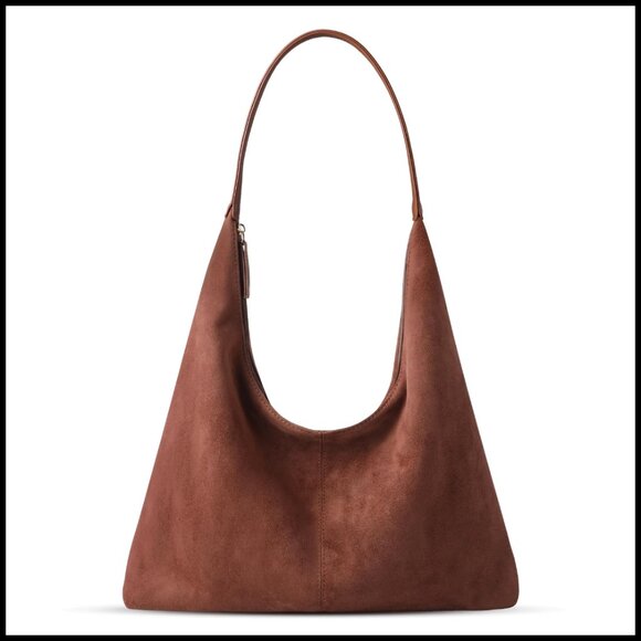 Handbags - Faux Suede Hobo Shoulder Bag Slouchy Tote Zipper Closure Boho Chic